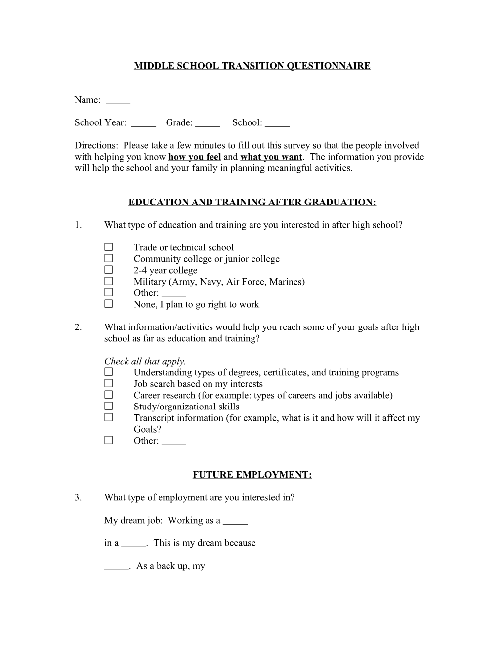 Middle School Transition Questionnaire