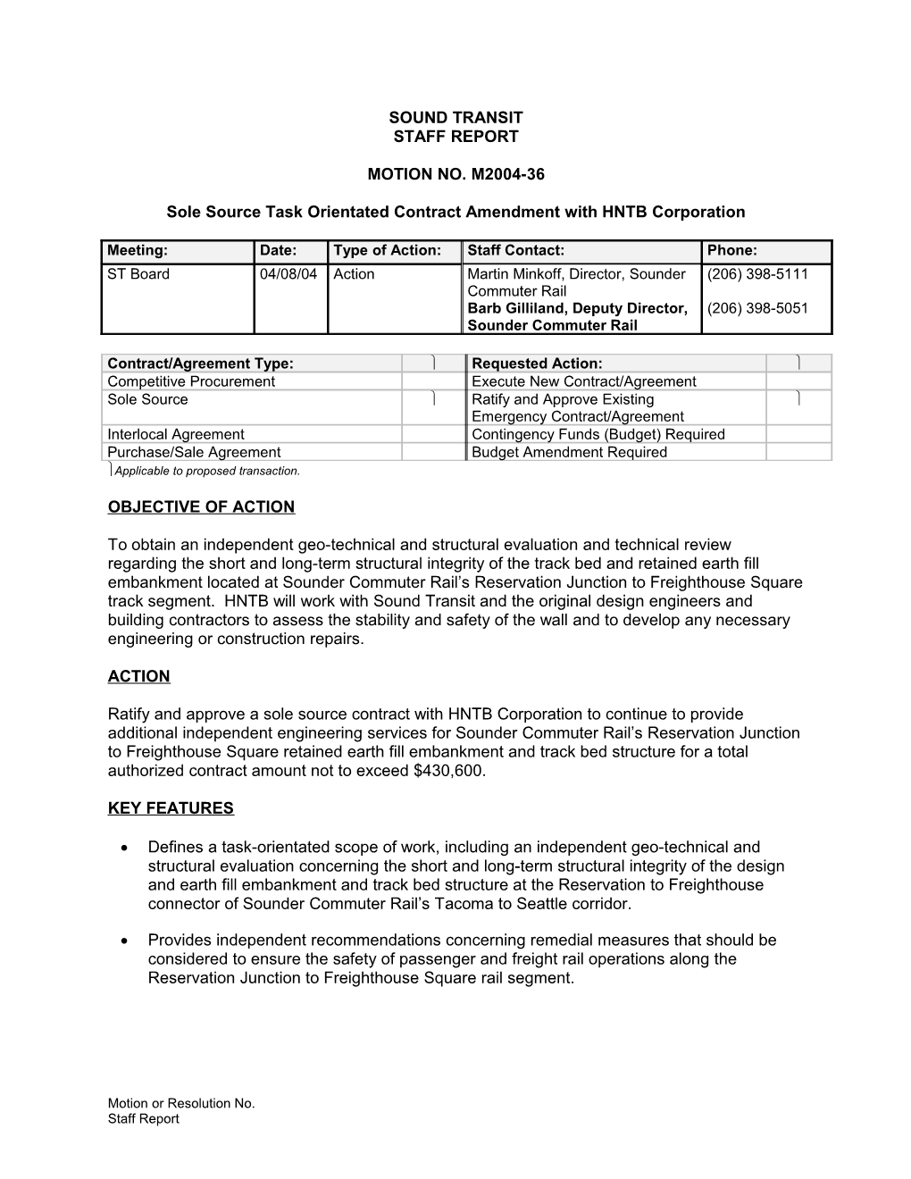 Sole Source Task Orientated Contract Amendment with HNTB Corporation