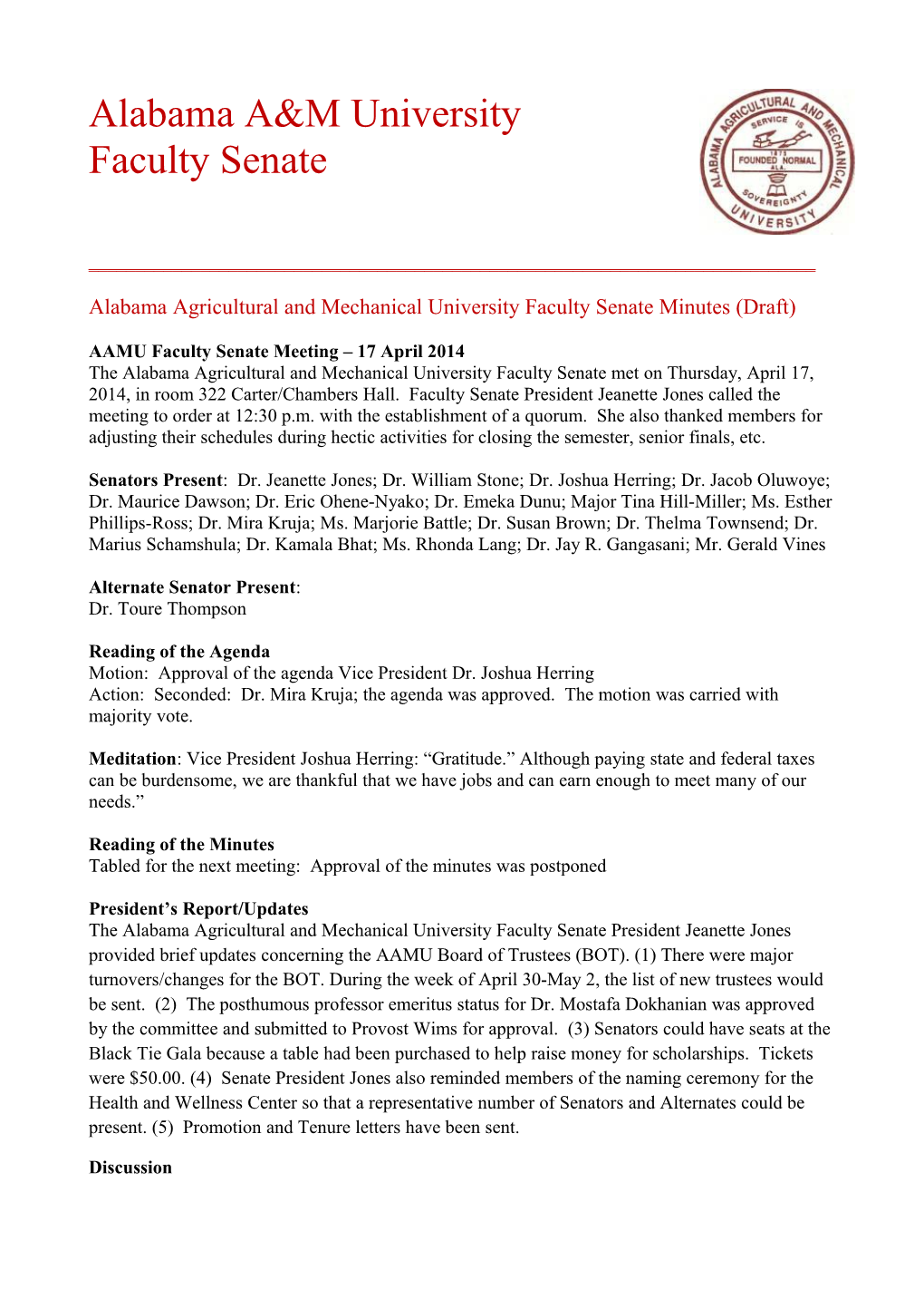 Alabama Agricultural and Mechanical University Faculty Senate Minutes (Draft)