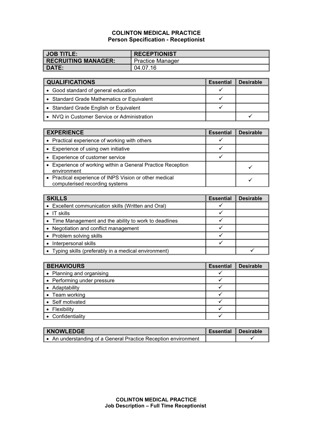 Receptionist - Person Specification