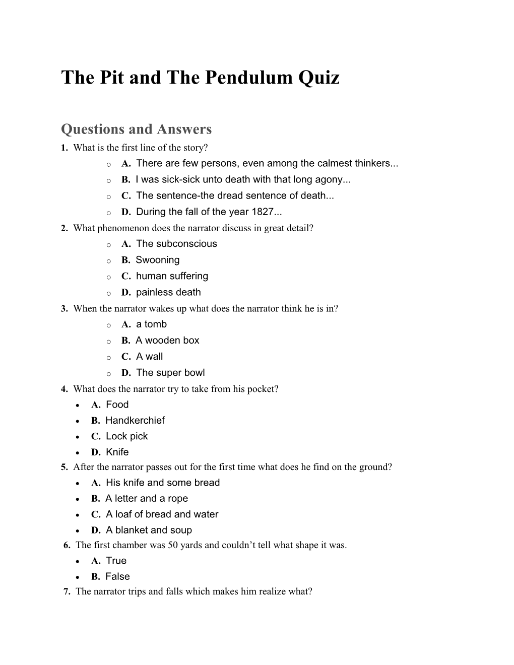 The Pit and the Pendulum Quiz