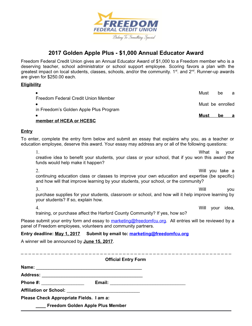 2017 Golden Apple Plus - $1,000 Annual Educator Award