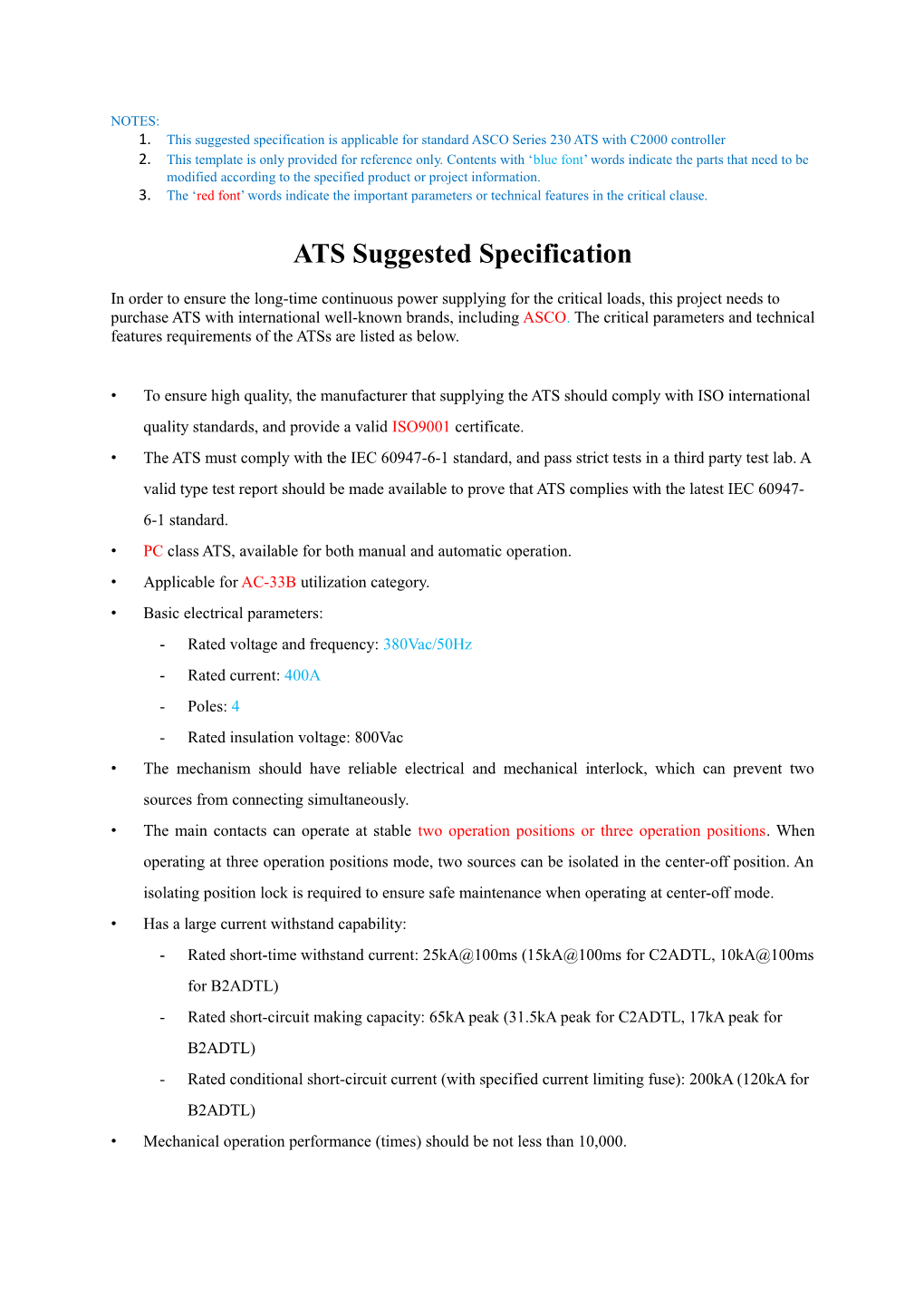 This Suggested Specification Is Applicable for Standard ASCO Series 230 ATS with C2000