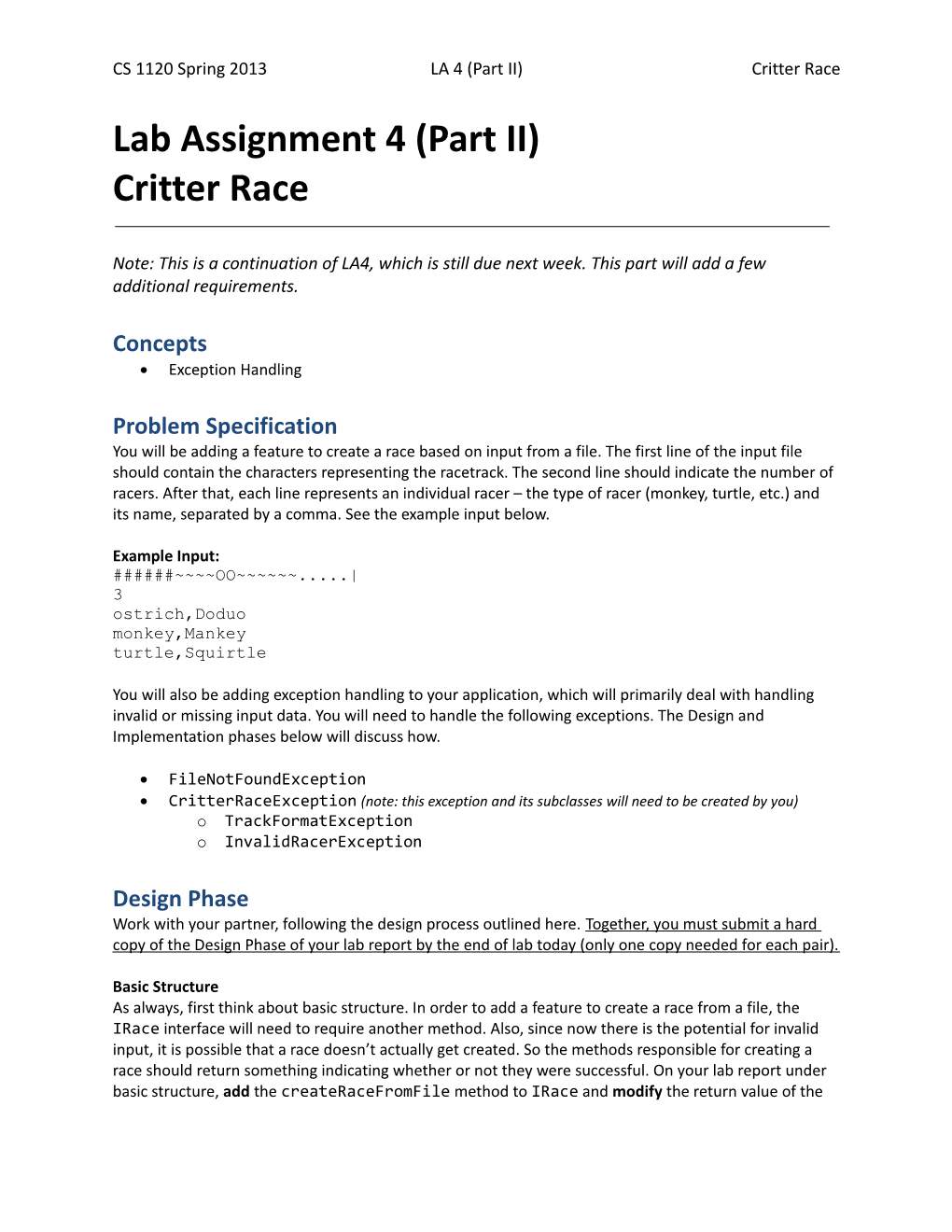 CS 1120 Spring 2013 LA 4 (Part II) Critter Race