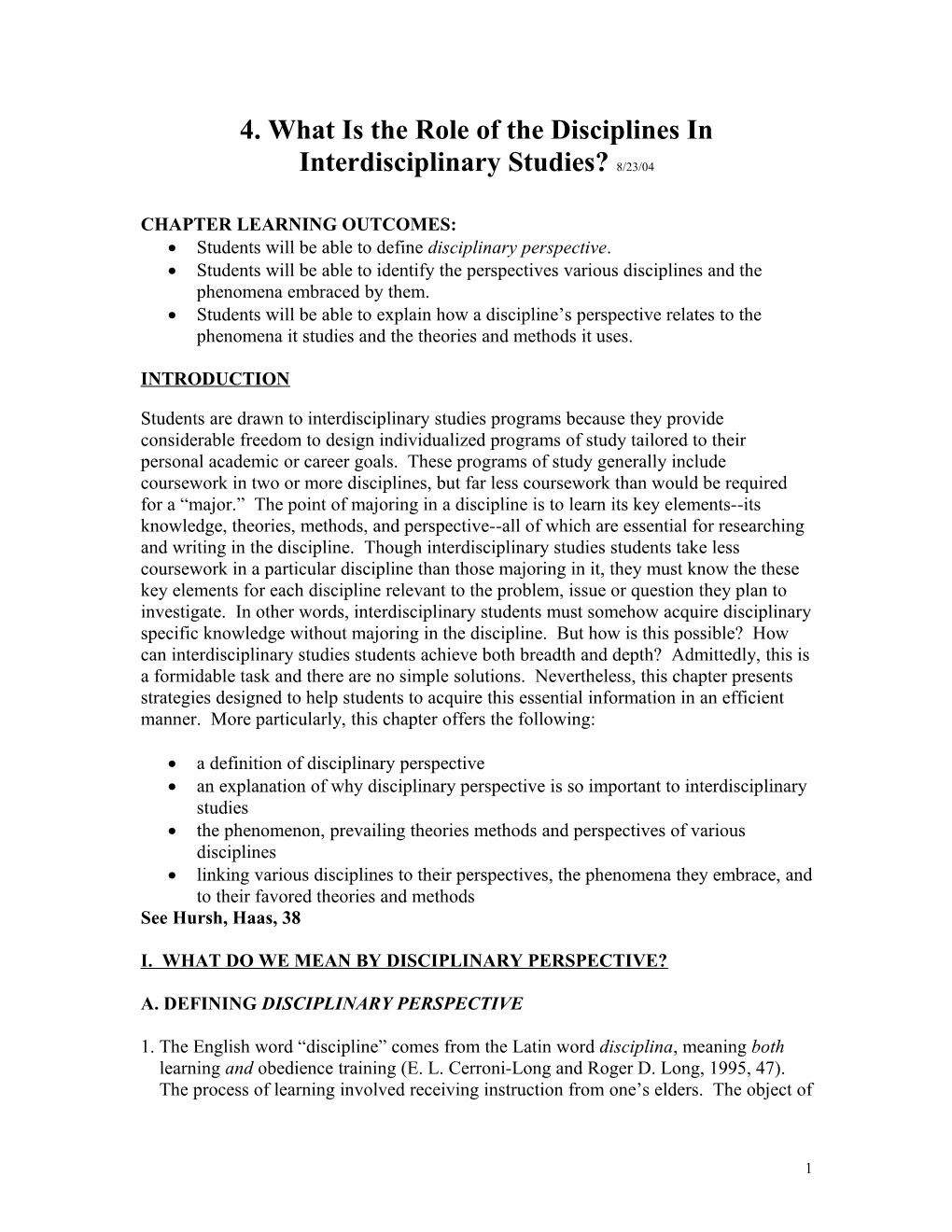 4. What Is the Role of the Disciplines in Interdisciplinary Studies? 8/23/04