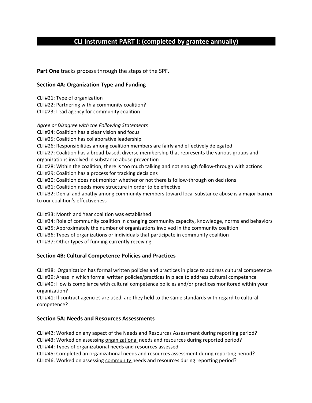 CLI Instrument PART I: (Completed by Grantee Annually)