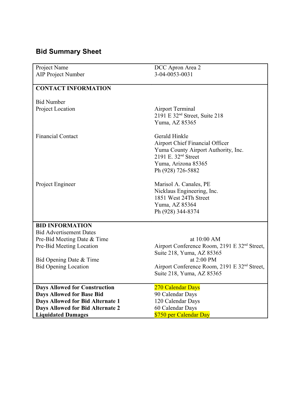 Bid Summary Sheet