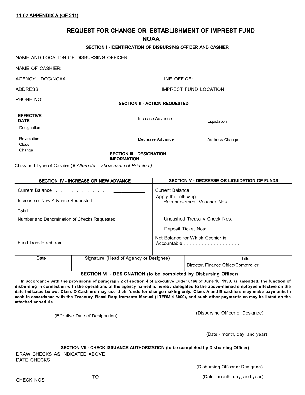 Request for Change Or Establishment of Imprest Fund