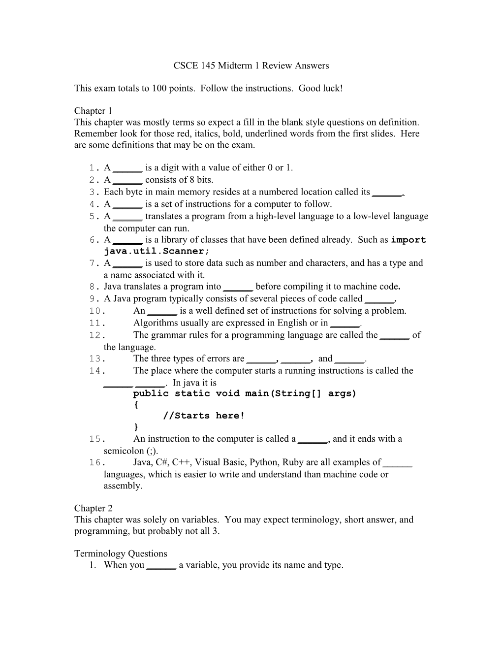 CSCE 145 Midterm 1 Review Answers