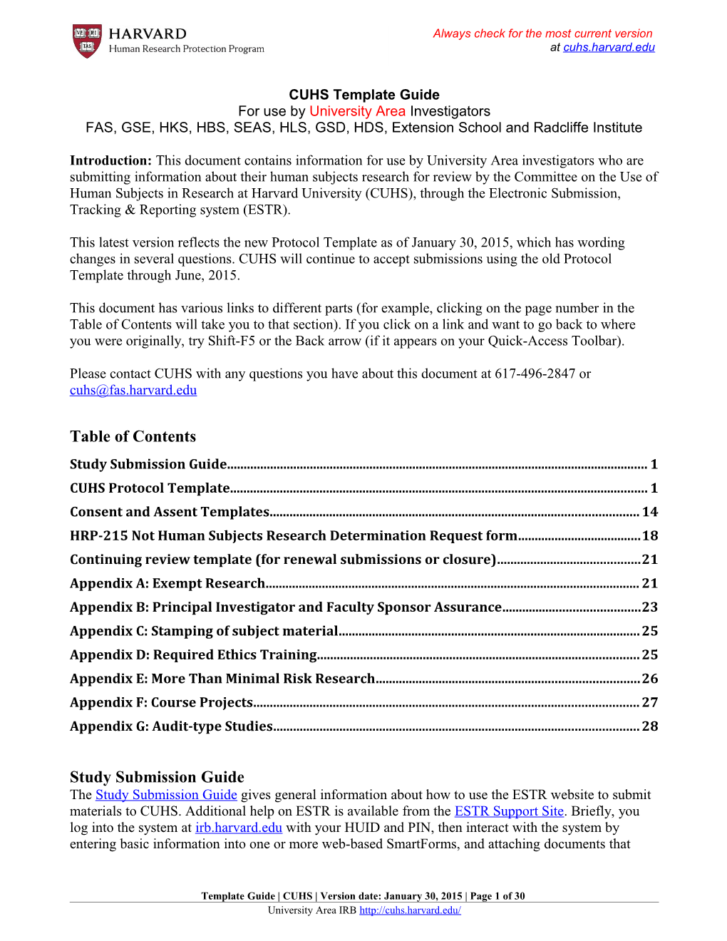 CUHS Template Guide for Use by University Area Investigators