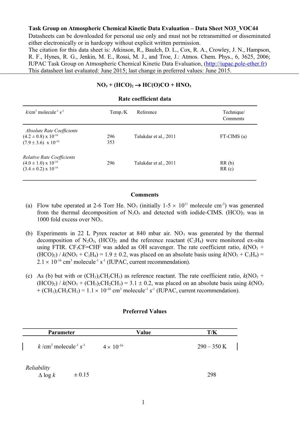 Task Group on Atmospheric Chemical Kinetic Data Evaluation Data Sheet NO3 VOC44