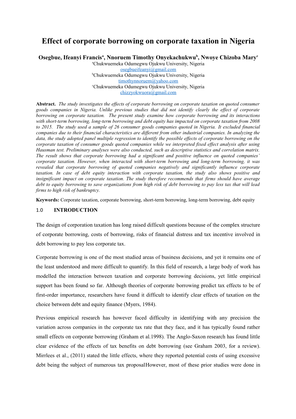 Effect of Corporate Borrowing on Corporate Taxation in Nigeria