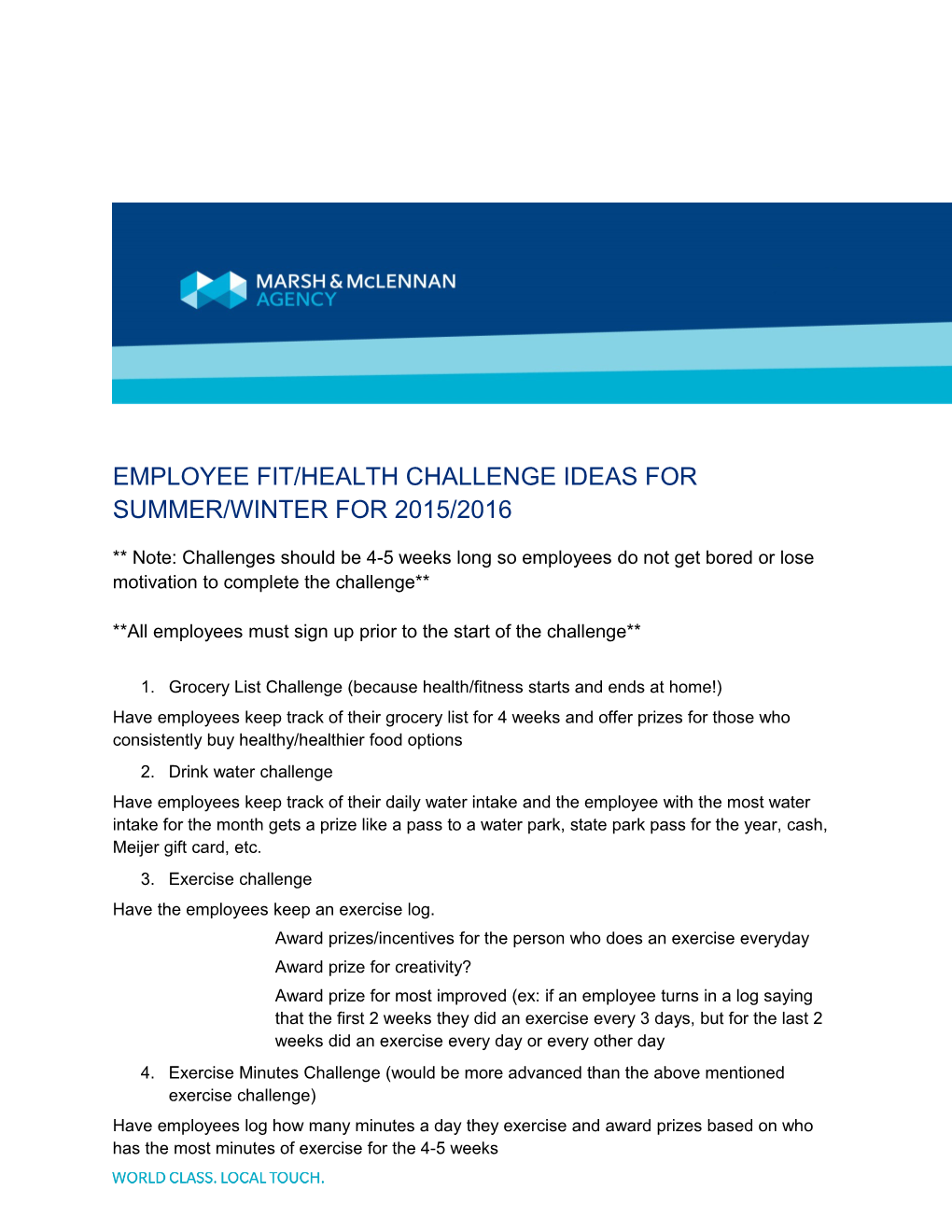 Employee Fit/Health Challenge Ideas for Summer/Winter for 2015/2016