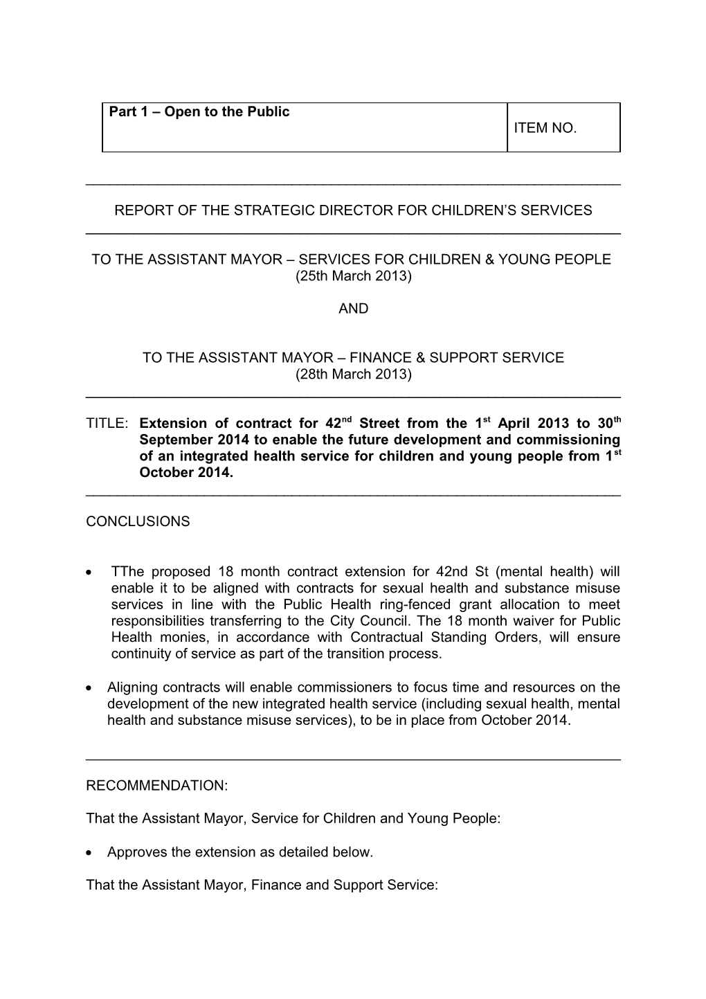 Report Ofthe Strategic Director for Children S Services