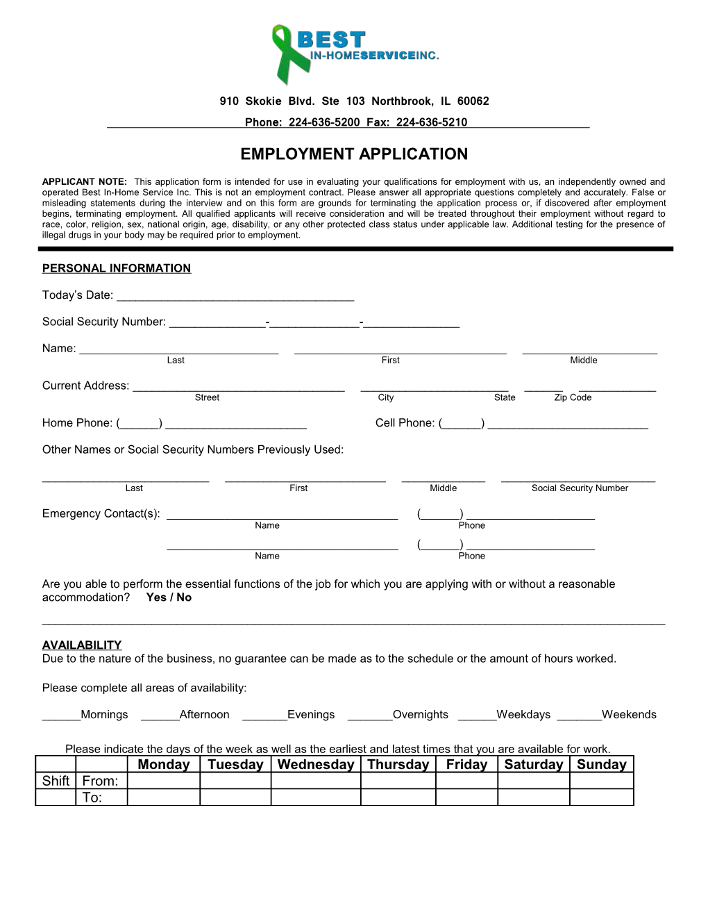 Caregiver Employment Application