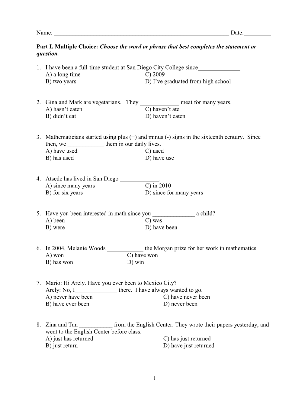 Part I.Multiple Choice:Choose the Word Or Phrase That Best Completes the Statement Or