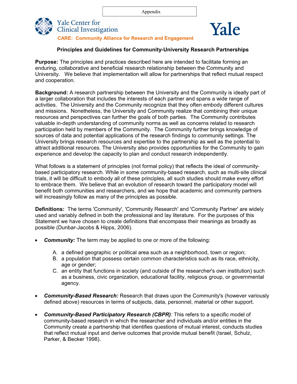 Principles and Guidelines for Community-University Research Partnerships