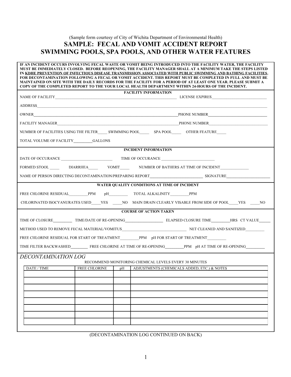 Sample Form Courtesy of City of Wichita Department of Environmental Health