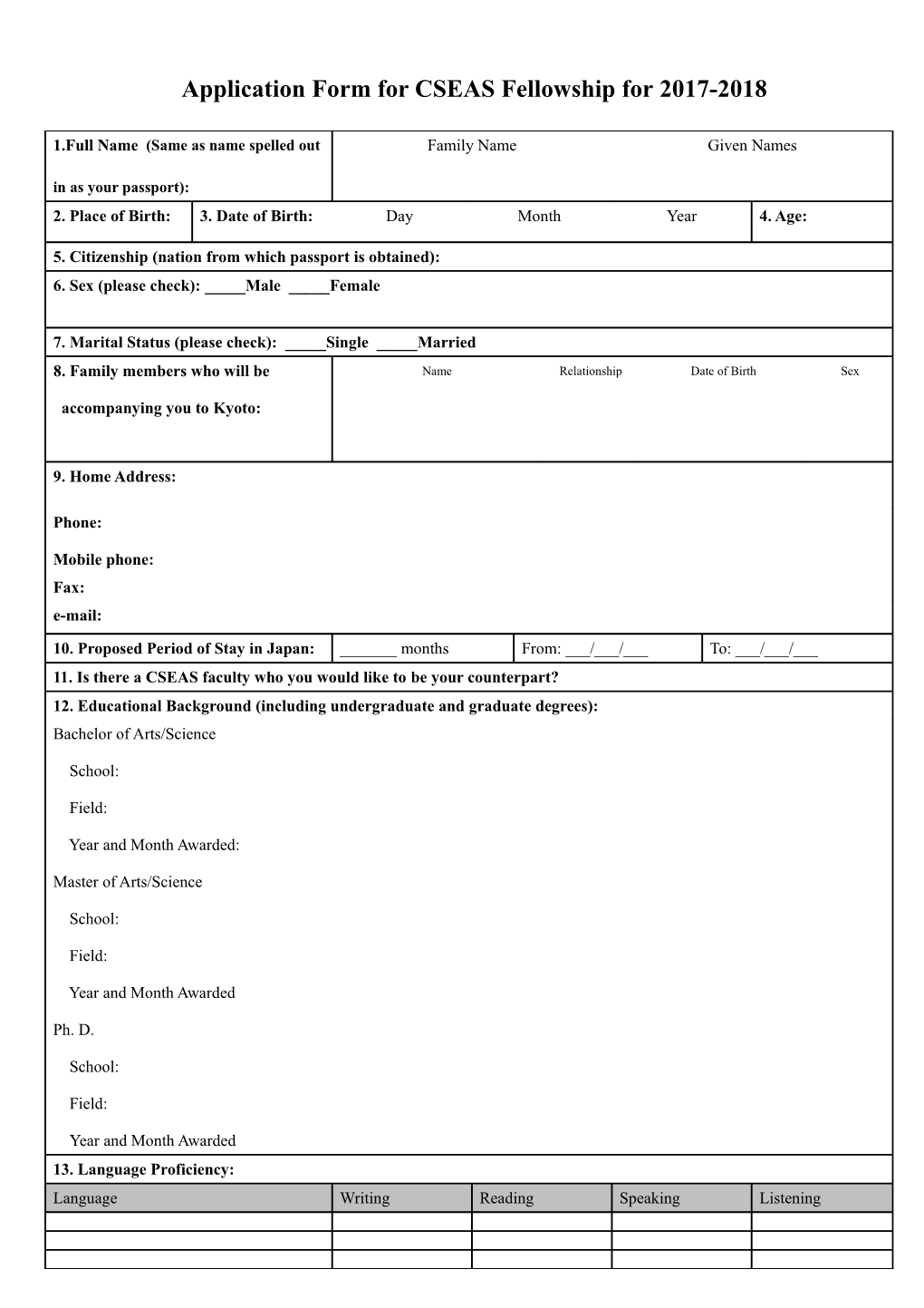 Application Form for CSEAS Fellowship for 2001