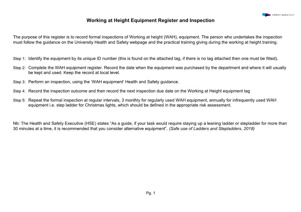 Working at Height Equipment Register and Inspection