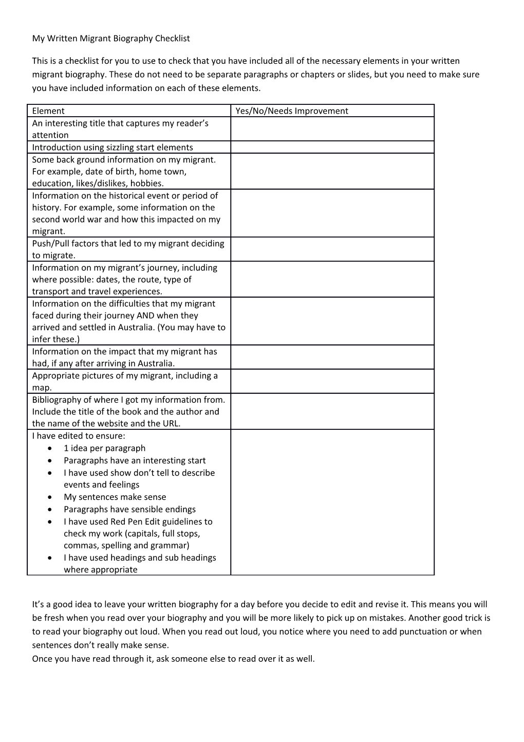 My Written Migrant Biography Checklist