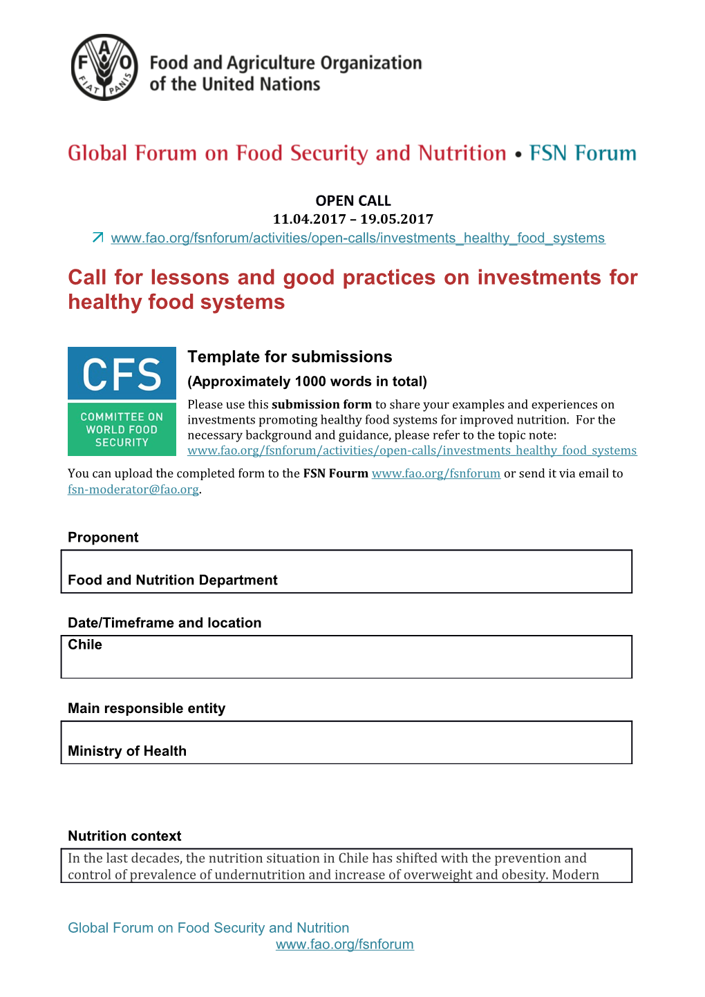 Call for Lessons and Good Practices on Investments for Healthy Food Systems