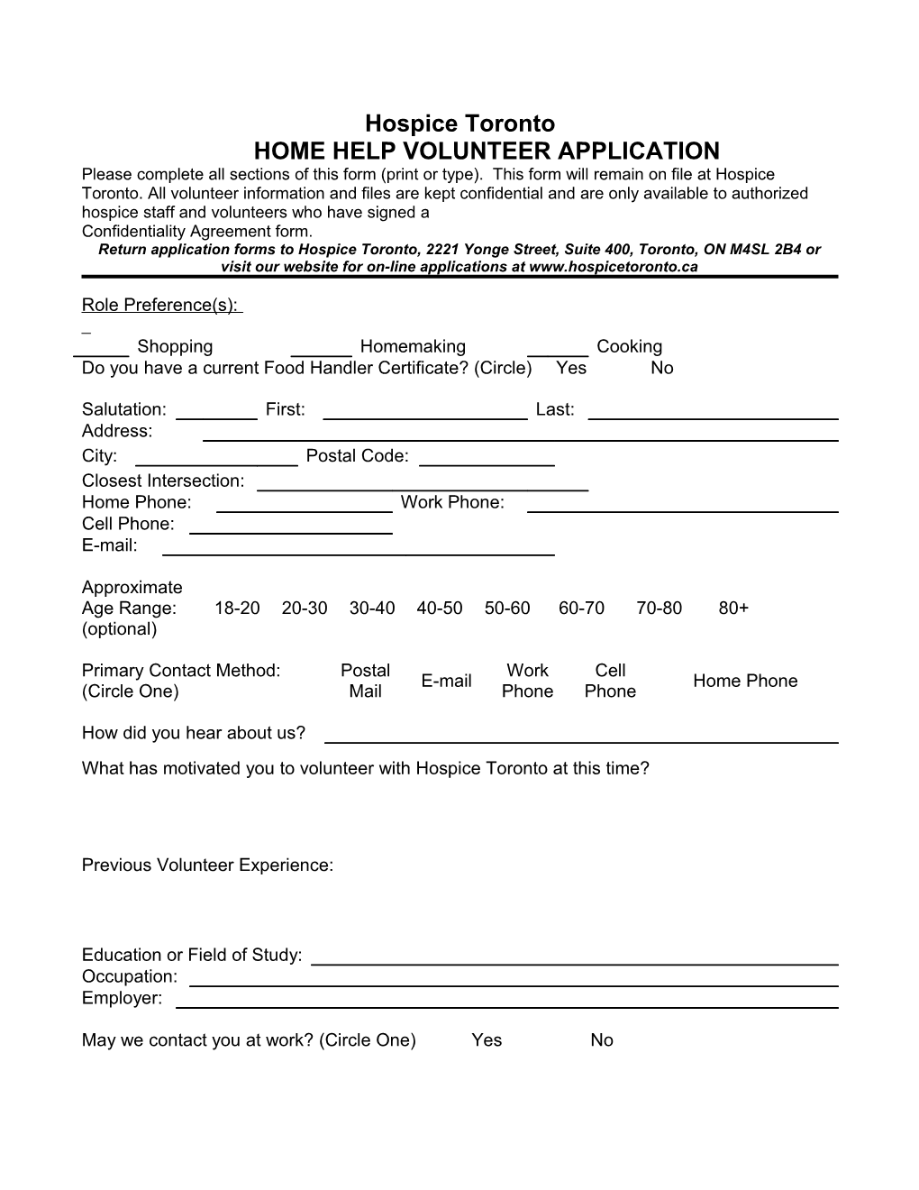 Home Help Volunteer Application