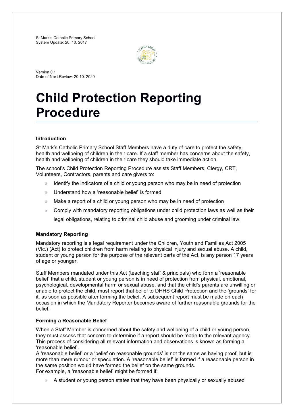 Child Protection Reporting Procedure