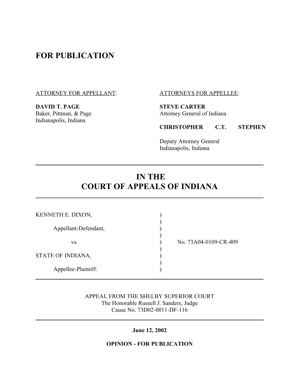 Attorney for Appellant: Attorneys for Appellee s18