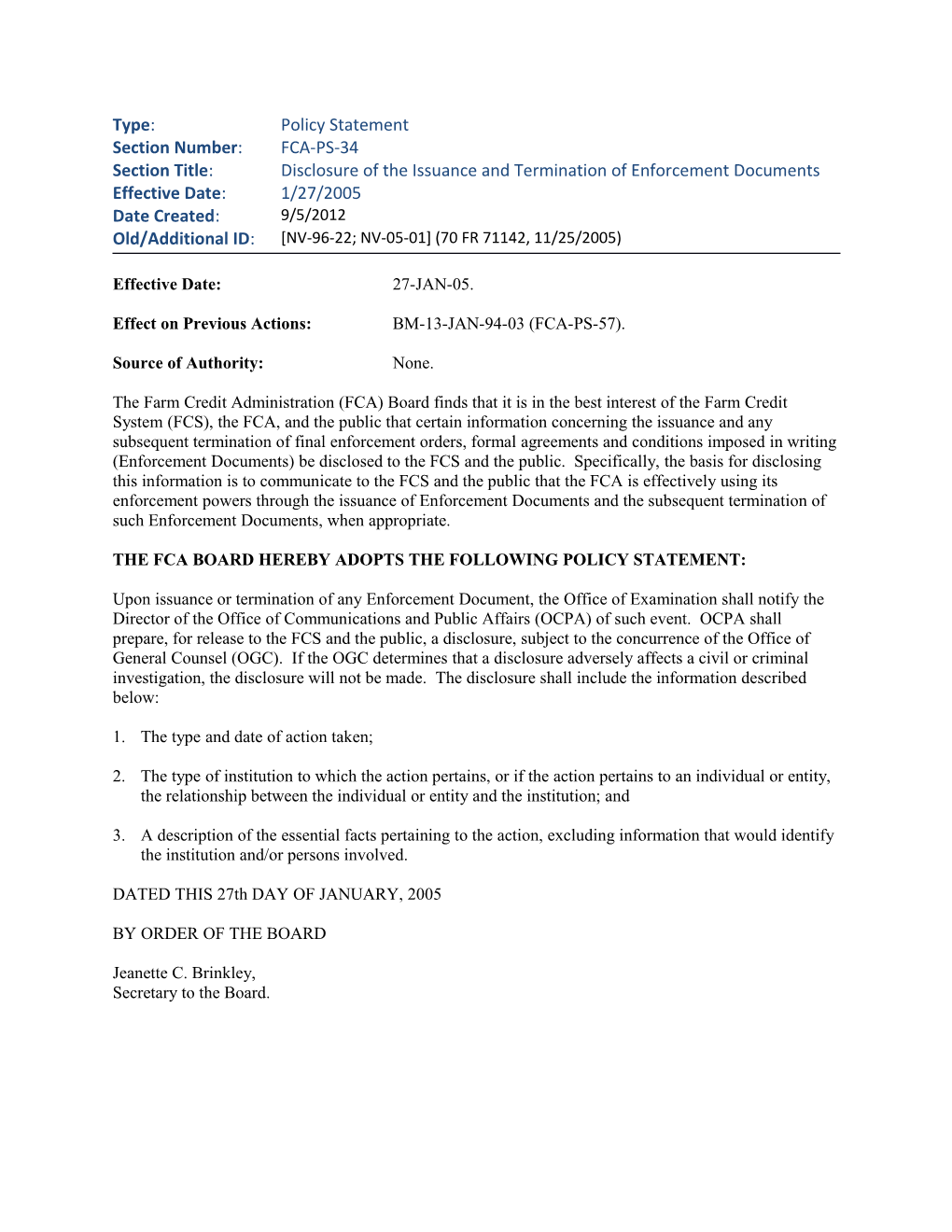 Disclosure of the Issuance and Termination of Enforcement Documents