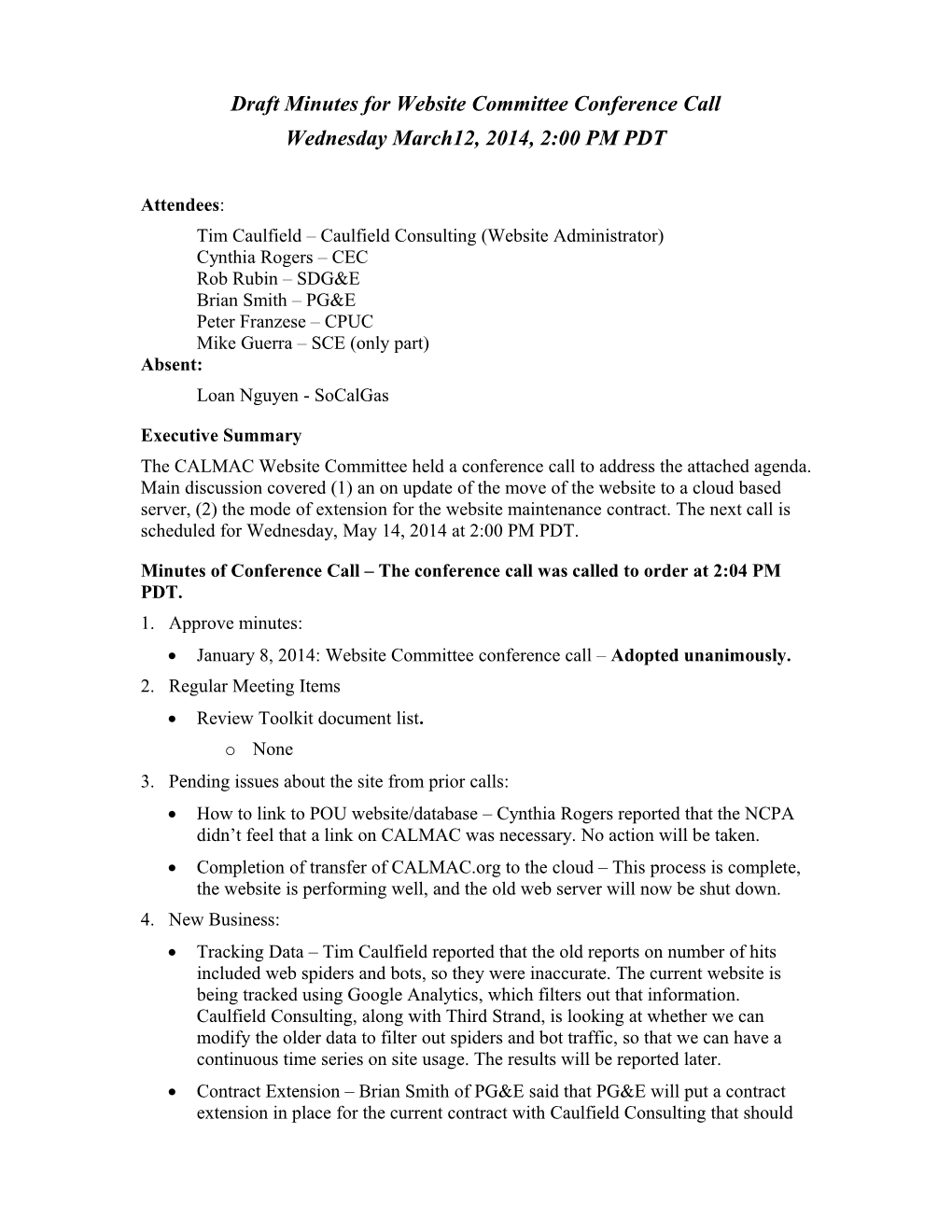 Draft Minutes for Website Committee Conference Call