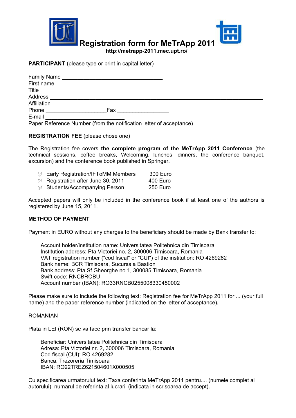 Registration Form for EUCOMES2008