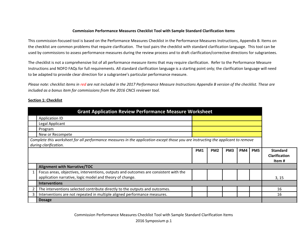 Commission Performance Measures Checklisttool with Sample Standard Clarification Items