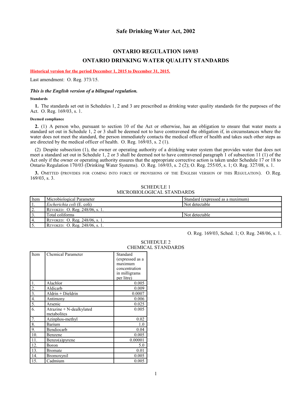 Safe Drinking Water Act, 2002 - O. Reg. 169/03