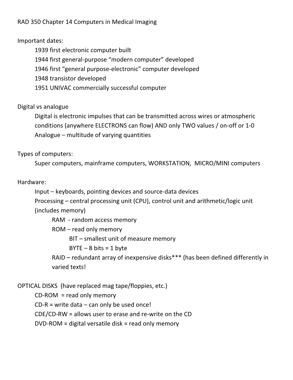 RAD 350 Chapter 14 Computers in Medical Imaging