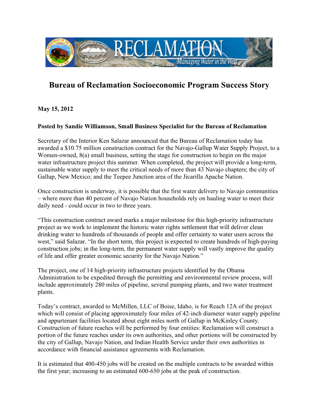 Bureau of Reclamation Socioeconomic Program Success Story