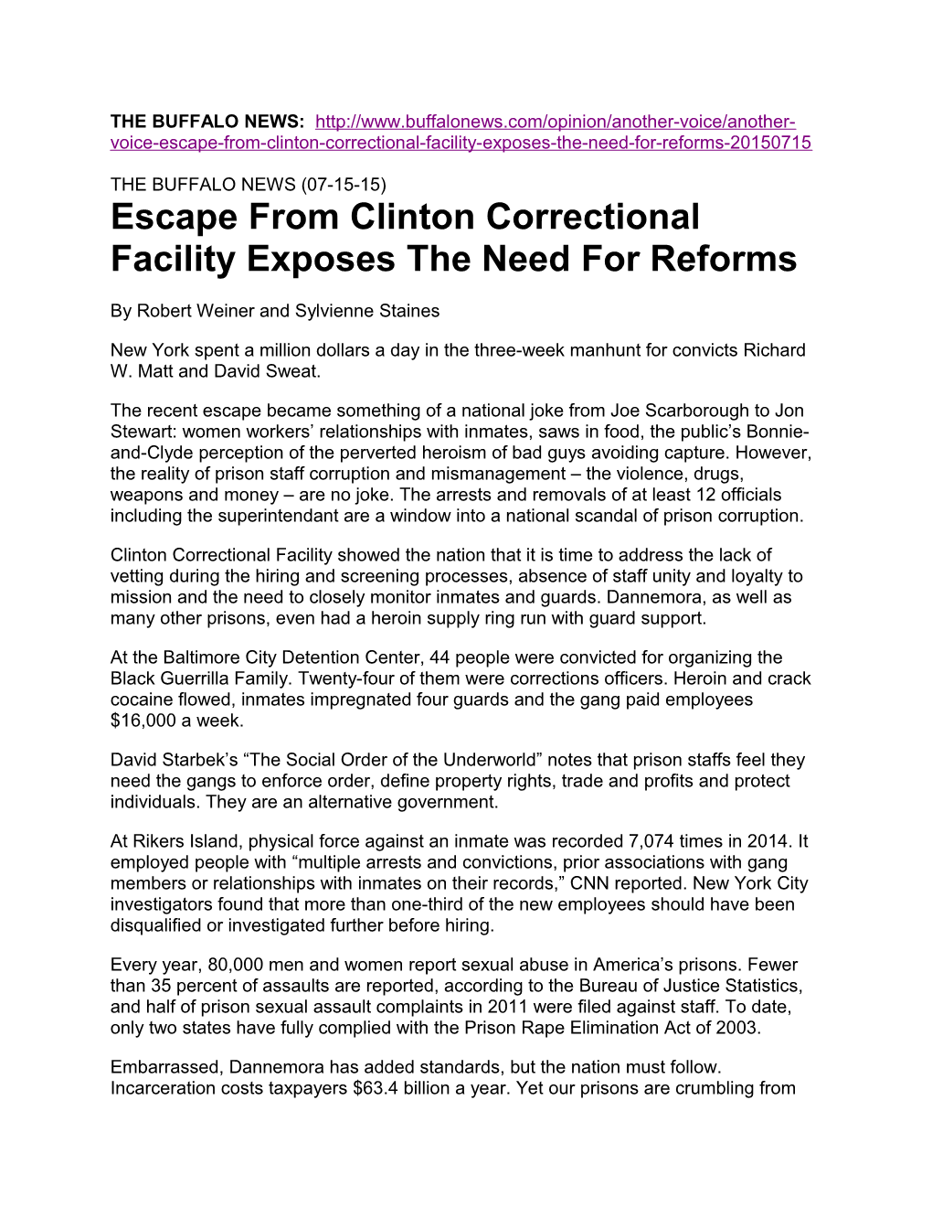 Escape from Clinton Correctional Facility Exposes the Need for Reforms
