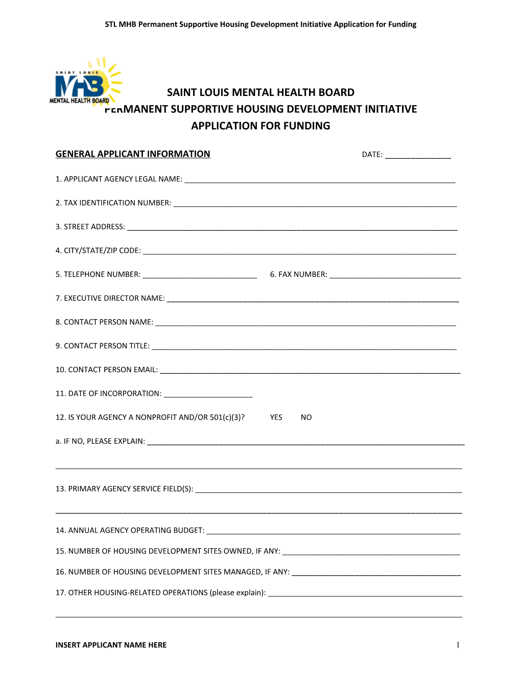 STL MHB Permanent Supportive Housing Development Initiative Application for Funding