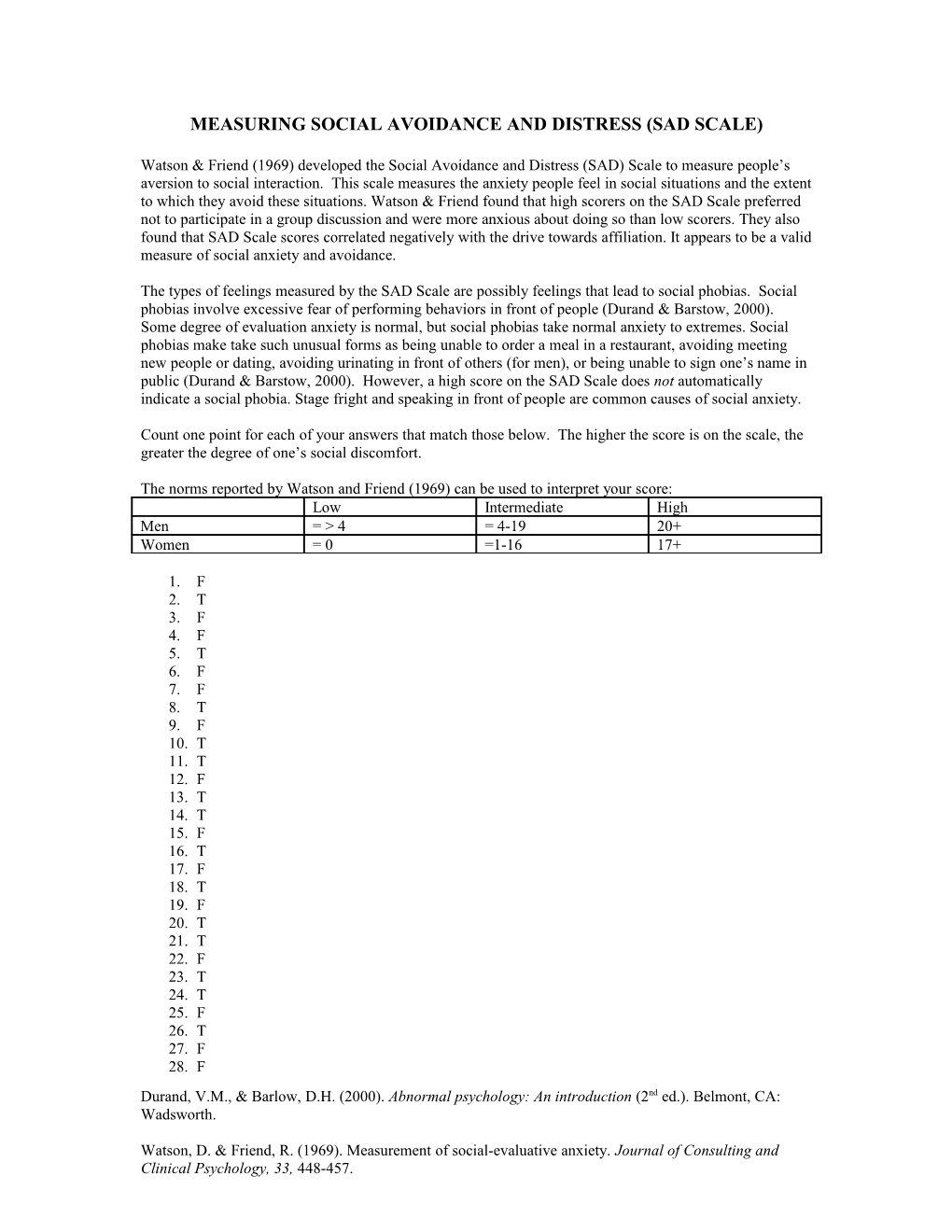 Handout 14-2: SAD Scale