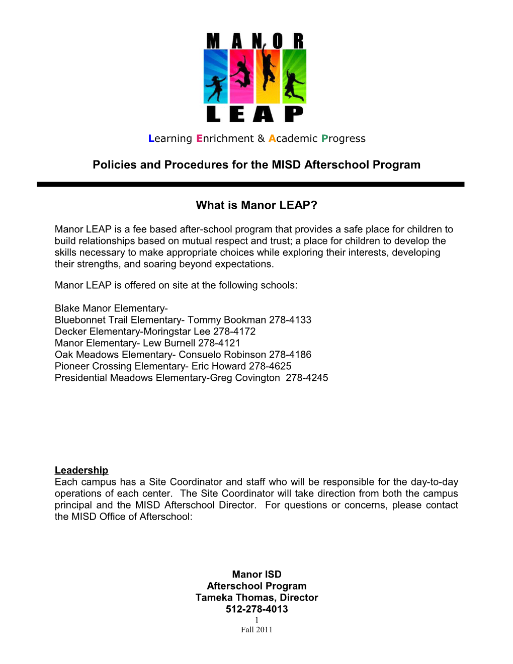 Policies and Procedures for the MISD Afterschool Program
