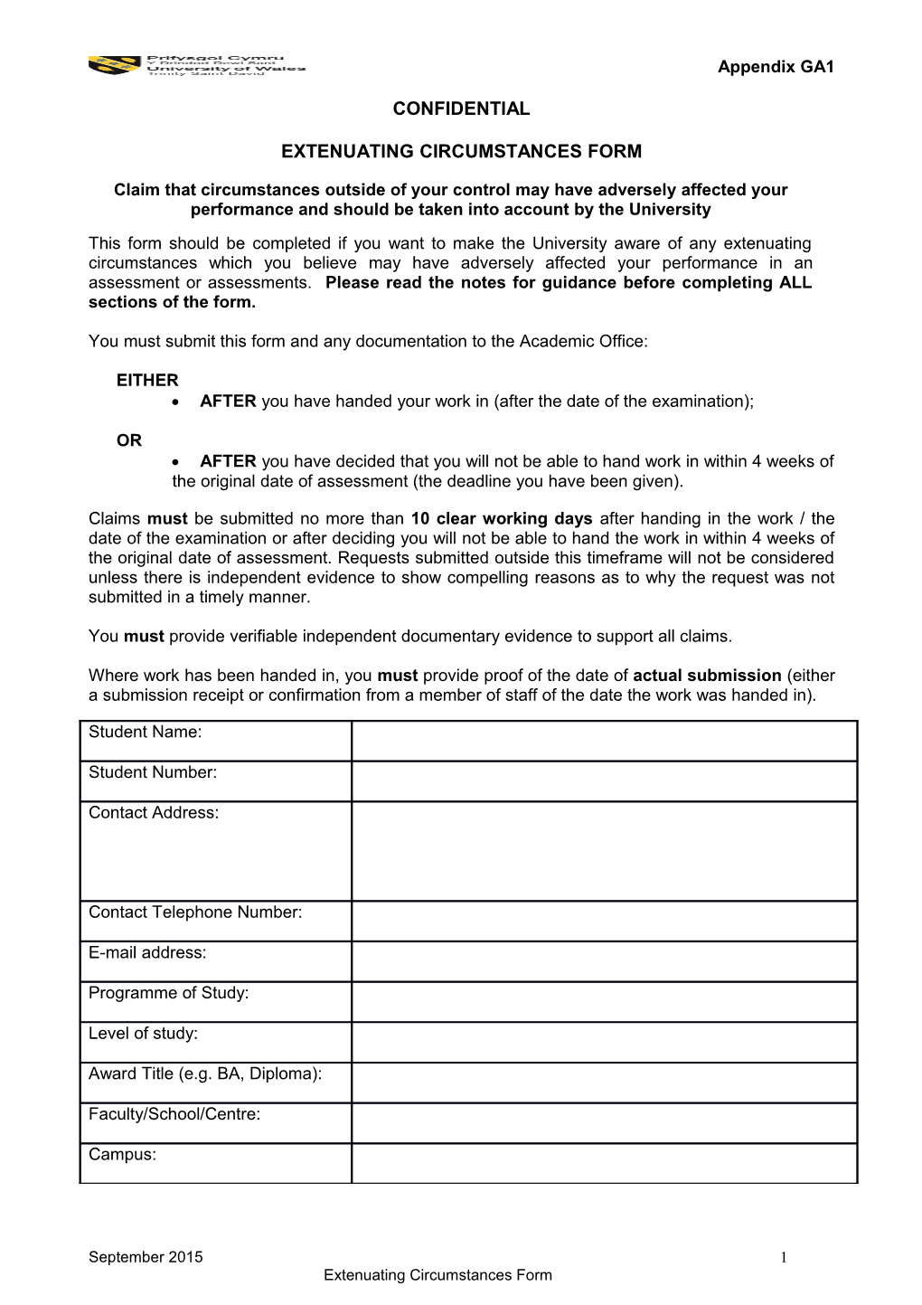 Extenuating Circumstances Form