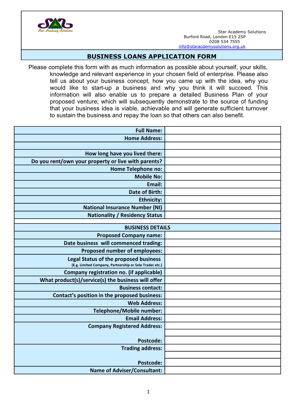 Business Loans Application Form