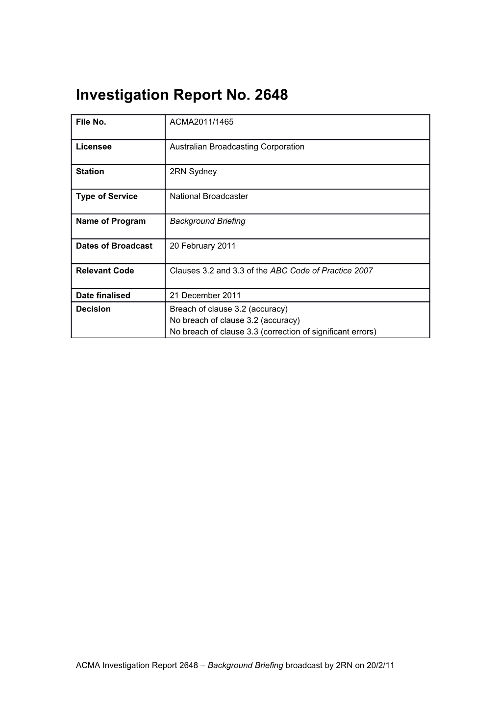 2RN (Sydney) - ACMA Investigation Report 2648