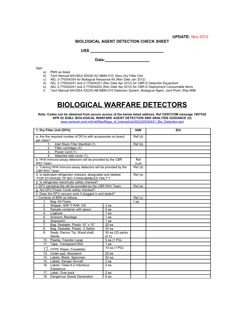 Biological Agent Detection Check Sheet (Cont D)