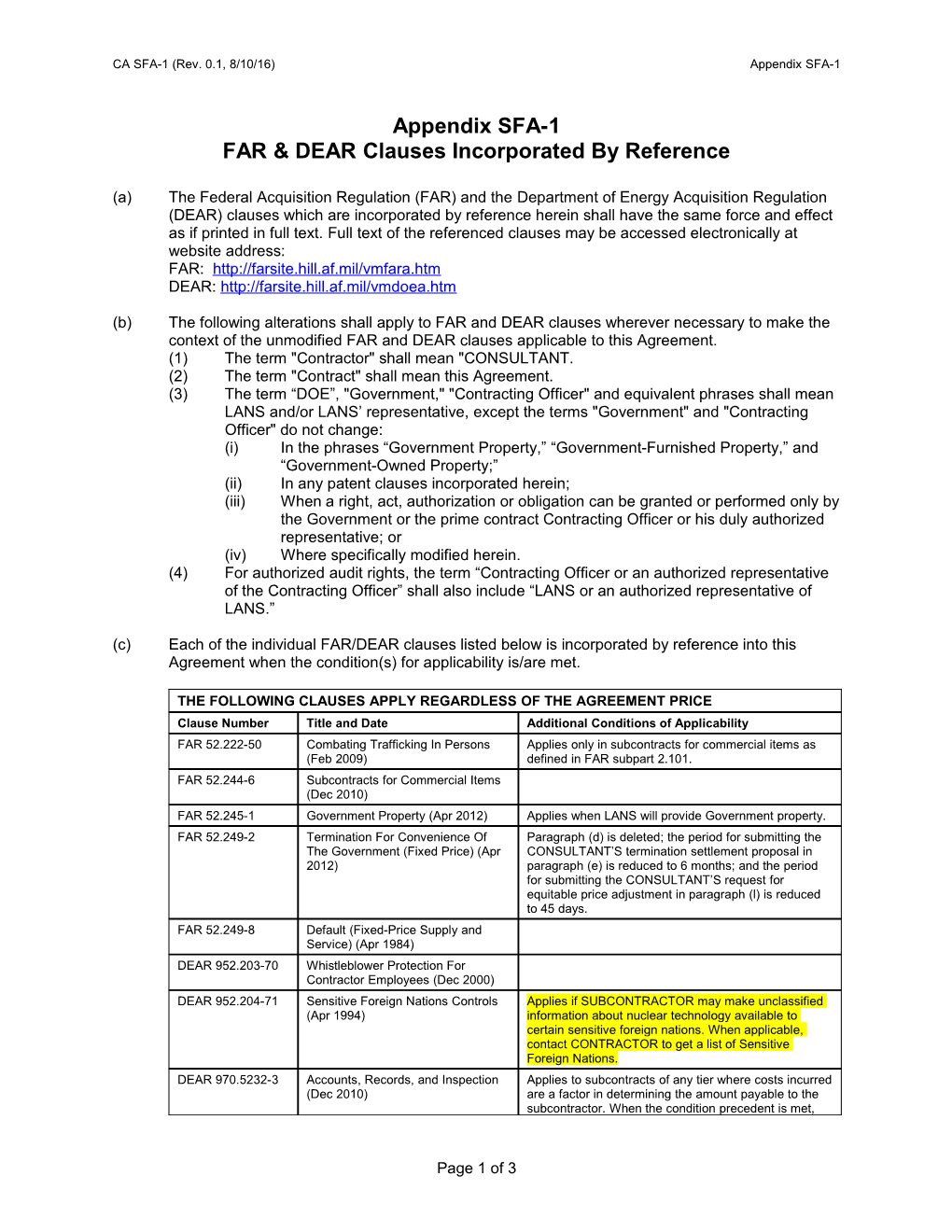 Appendix SFA-1 FAR & DEAR Clauses Incorporated by Reference