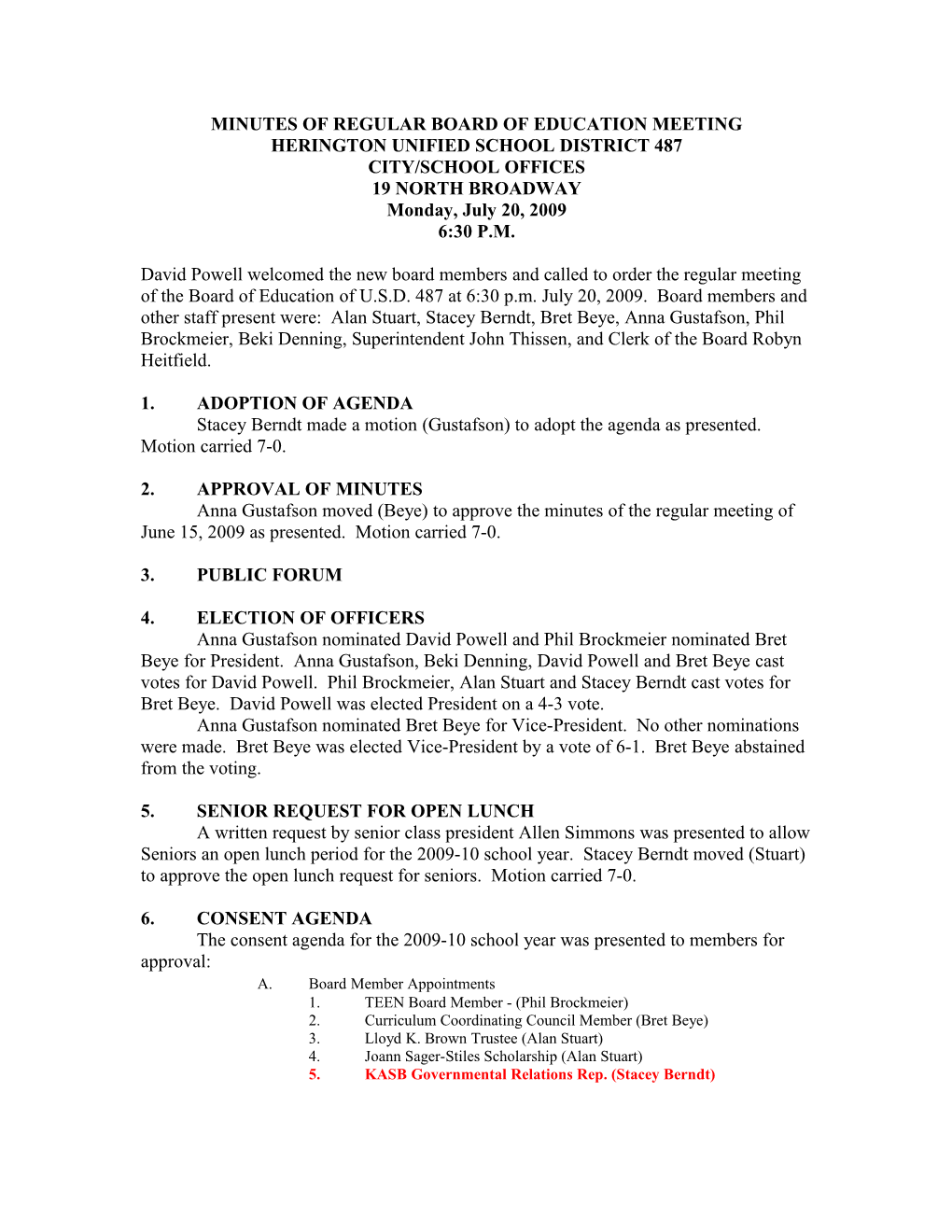 Minutes of Regular Board of Education Meeting