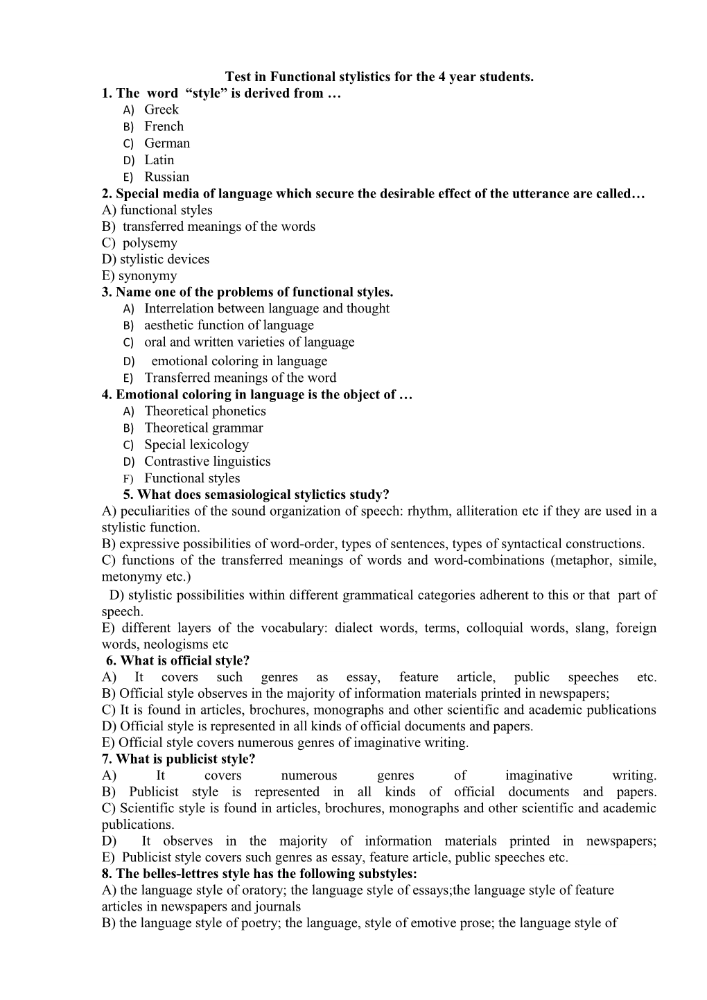 Test in Functional Stylistics for the 4 Year Students