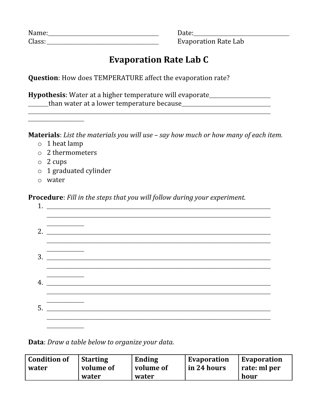 Class: Evaporation Rate Lab