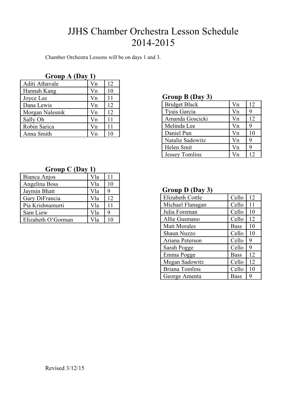 JJHS Orchestra Lesson Schedule 2013-2014