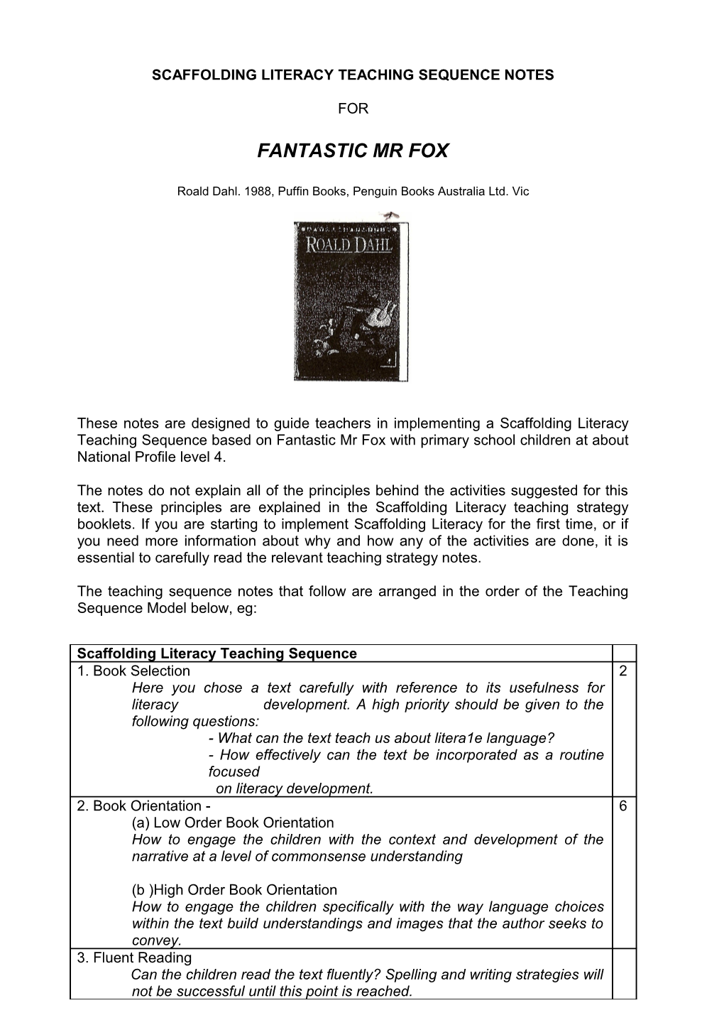 Scaffolding Literacy Teaching Sequence Notes